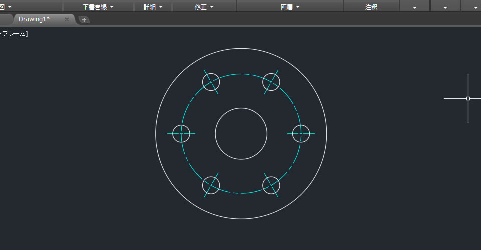 円周上に穴と中心線が作図される