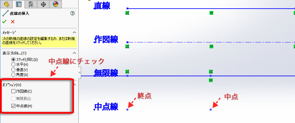 中点を指示した線